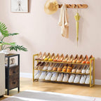 FAVOOSTY 3-Tier Expandable Shoe Rack, Adjustable Shoe Shelf Storage Organizer Space Saving Metal Free Standing Shoe Rack for Entryway Closet Doorway, Gold