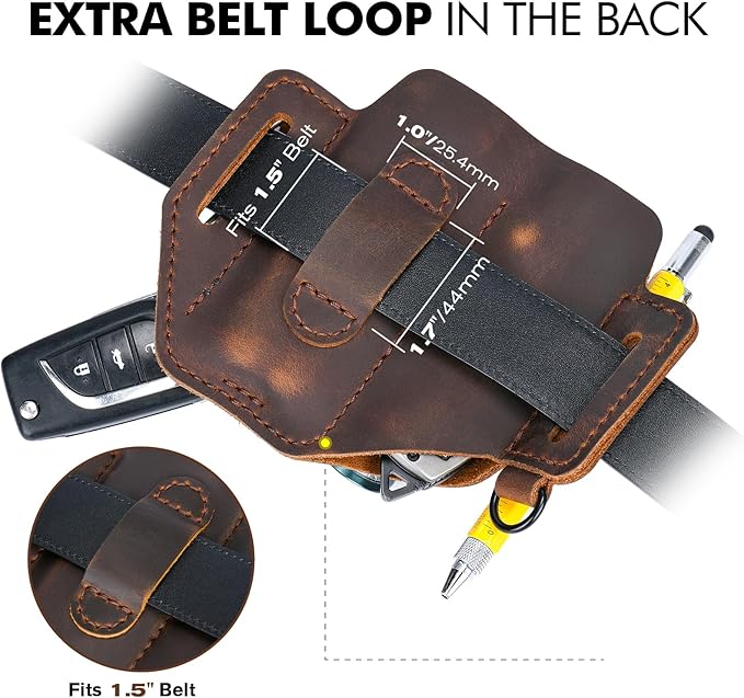 FLYHOMES Genuine Leather Multitool Sheath | Handmade Stitched EDC Belt Organizer for Leatherman Surge | Flashlight, Knife Holster, Pen & Tools Pouch | Dark Brown + Black (Large)
