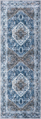 KOZYFLY Runners for Hallways 2.6x8 Ft Washable Kitchen Runner Rug Boho Runner Rug for Entryway Indoor Blue Printed Oriental Faux Wool Floor Carpet Runner for Bedroom Kitchen Hall