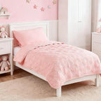 4 Piece Toddler Bedding Set for Girls Pink Geometric Stitched Soft Microfiber Crib Bed Sheets Set Lightweight Quilted Comforter Set for Baby | Include Comforter, Flat Sheet, Fitted Sheet, Pillowcase