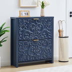 Shoe Cabinet with Flip Drawers, Narrow Shoe Storage Cabinet, 2-Tier Hidden Shoe Organizer with Carved Floral for Entryway, Mid-Century Modern Slim Shoes Storage for Hallway Foyer (1, Midnight Blue)
