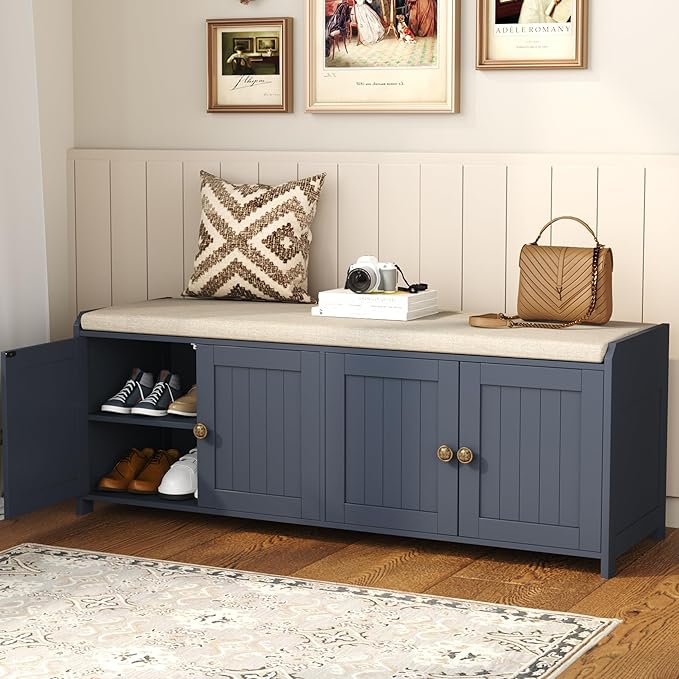 HOMEFORT 48.4" Shoe Storage Bench with Cushion, Entryway Bench with Paddded Seat, 2-Tier Shoe Cabinet Bench with Adjustable Shelves and 4 Doors, Wooden End of Bed Bench, for Bedroom, Hallway, Blue