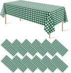 12Pack Dark Green Plastic Checkered Tablecloth, Premium Decorative Disposable Green Gingham Plaid Table Cloths for Parties, Rectangle Party Table Cover for Picnic Farm Birthday Wedding, 54x108 Inch