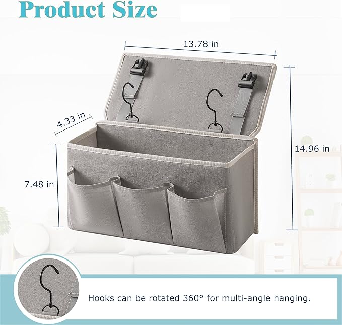 Bedside Caddy / Bedside Storage Organizer Hanging Bag with Three Options,Suitable for home beds, sofas, and dormitory beds—can hold magazines, books, phones, iPads, remote controls. (2-Pack Gray)