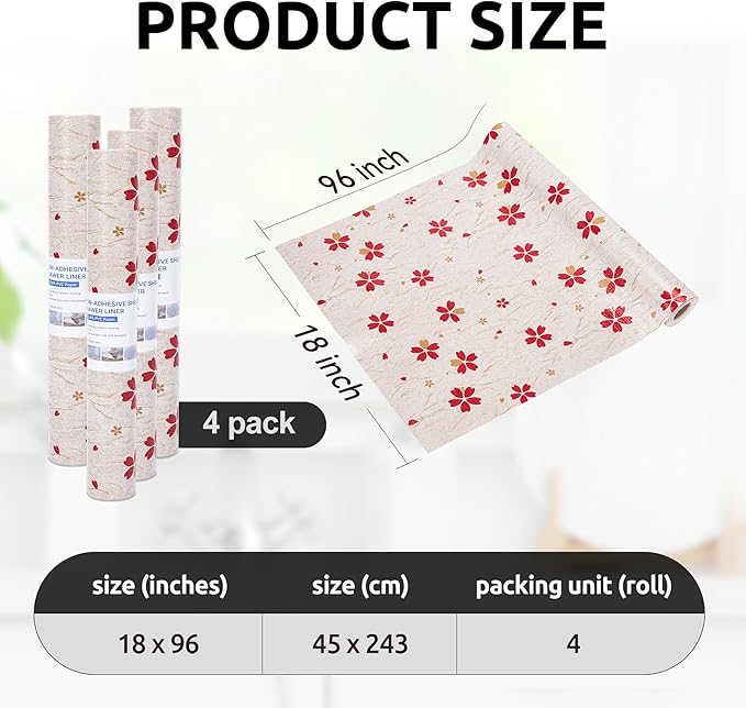 RAY STAR 18X96 Inch Shelf Liner for Kitchen Cabinets, Non-Adhesive Cabinet Liner Washable, PVC Drawer Liner for Dresser Non-Slip Bathroom (Red Floral)(4 Roll)
