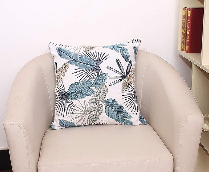 Yeiotsy Party Decoration, Tropical Leaf Throw Pillow Cover for Sofa Decorative Pillow Case Jacquard Chenille (Teal, 18 x 18 Inches)