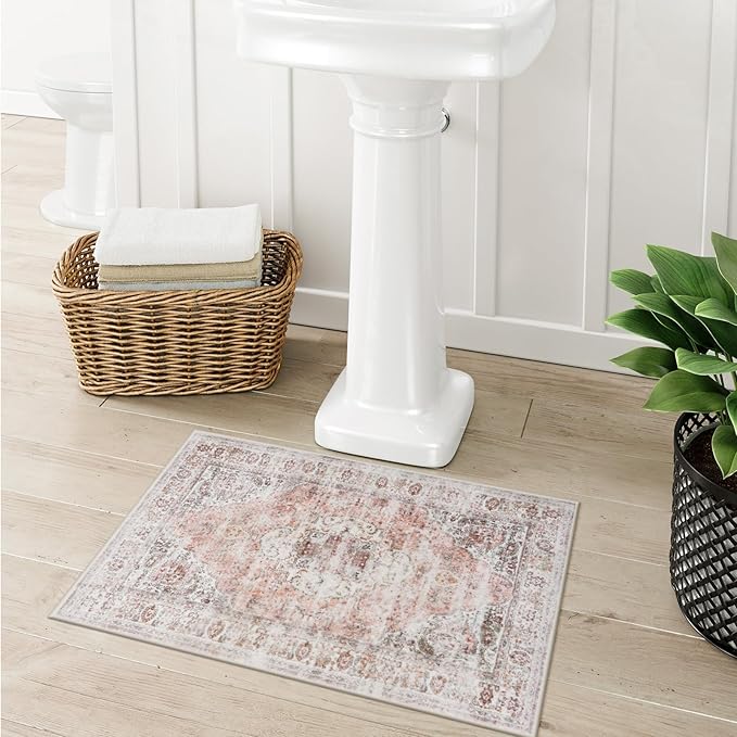 Uphome Boho Bathroom Rugs, Distressed Farmhouse Blush Pink Bath Mat, Comfy Velvet Small Bath Rugs Non Slip Washable, Vintage Oriental Toilet Rug for Sink Shower Vanity, 18x26 inch