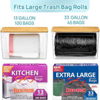 Vtopmart 2 Pack Trash Bag Holder with Bamboo Lid, Stackable Garbage Bag Dispenser for 13/30/33 Gallon Bags, Clear Organizer Bins for Under Kitchen Sink, Laundry Room Organization and Storage
