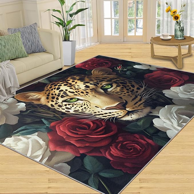 Leopard Rugs for Bedroom - 6x9 Area Rug - Flowers Leopard Rugs for Living Room, 3D Flowers Animal Rug, Washable Home Decor Carpet