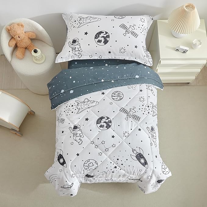 DuShow 4 Piece Toddler Bedding Set for Boys,White Space Crib Bedding Sheets Set,Soft Toddler Comforter Set Bed in a Bag | Include Comforter,Flat Sheet,Fitted Sheet,Pillowcase