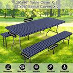 Smiry Picnic Table Cover with Bench Covers, Waterproof Elastic Fitted Tablecloth for 8 Foot Tables, Washable Polyester Tablecloths for Camping, Indoor & Outdoor (Navy & White, 30x96 Inch 3-pc Set)