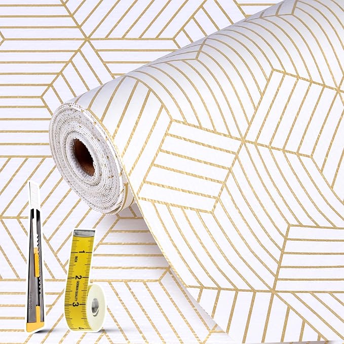 Shelf Liners for Kitchen Cabinets 11.8 x 236.2In Non Adhesive Shelf Liner Paper Non-Slip Thickened Drawer Liner Easy to Clean for Tool Box Refrigerator with Knife and Tape Measure, Gold Geometric