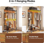 HOKEEPER Heavy Duty Rolling Clothes Rack, Metal Closet Organizer with Wood Shelves, Adjustable 70.9"-79.9" H x 39.3" W Freestanding Wardrobe for Bedroom, Max Load 450 LBS