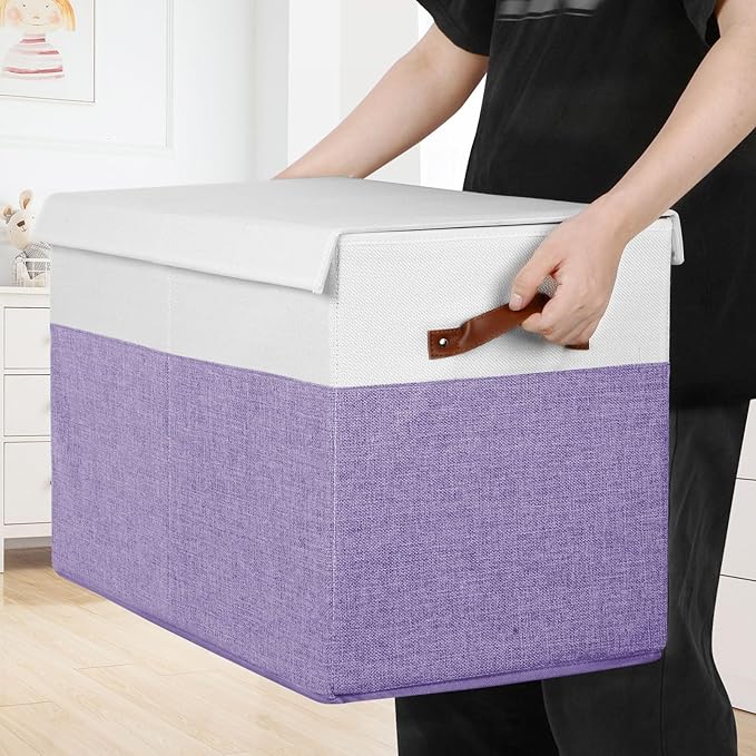 Large Toy Box with Lid, Sturdy Toy Storage Chest Bin Boxes Organizer Basket with Dividers for Toddlers, Kids, Boys, Girls, Nursery, Living Room, Bedroom, Playroom 25"x13" x16" (Purple and White)
