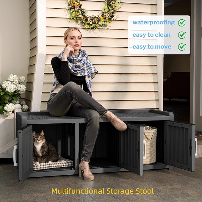 3 Doors Shoe Storage Bench - 2 Side Door Hidden Furniture Cabinet with Storage, Waterproof Entryway Bench with Seat for Indoor Outdoor, End of Bed Footrest Stool for Bedroom, Hallway, Black