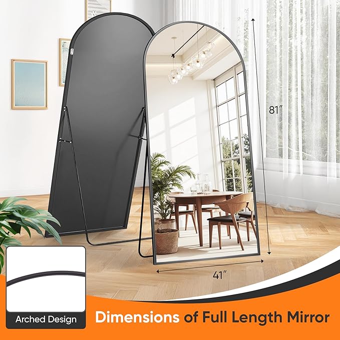 Suidia Full Length Mirror, 81"x41" Floor Standing Mirror Freestanding, Full Body Mirrors with Stand for Bedroom, Hanging Mounted for Living Room Cloakroom, Black, Arched Style