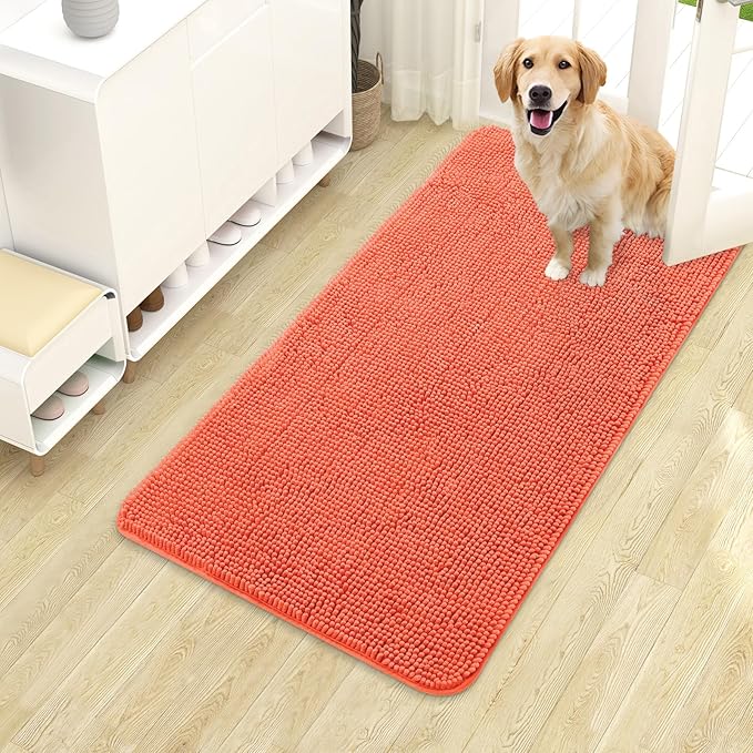 OLANLY Dog Door Mat for Muddy Paws 40x24, Absorbs Moisture and Dirt, Absorbent Non-Slip Washable Doormat, Quick Dry Chenille Mud Mat for Dogs, Entry Indoor Entryway Carpet for Inside Floor, Coral
