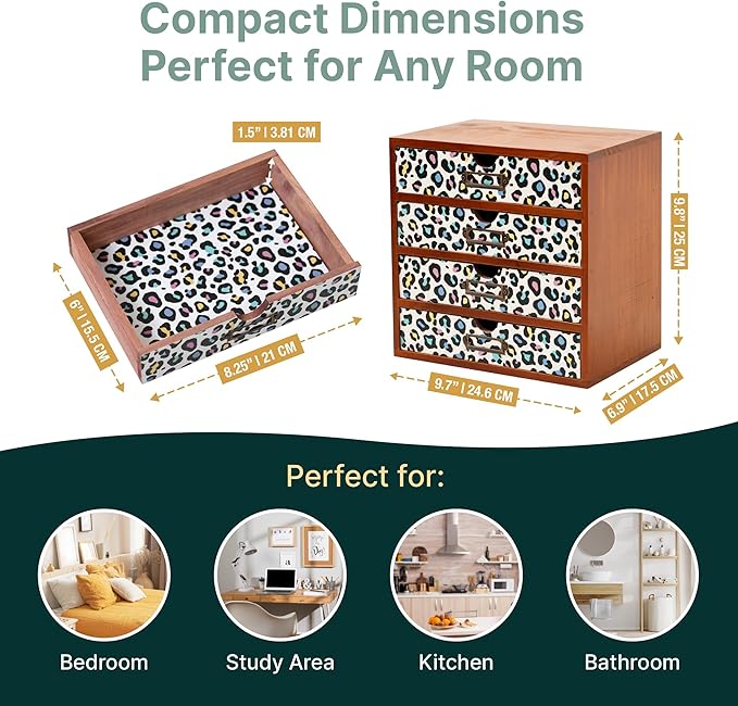 Colorful Leopard Print Wooden Desk Organizer - 4-Drawer Desktop Storage Cabinet for Office Supplies, Craft Tools & Home Organization - Trendy Wood Design for Crafters, Art Enthusiasts, Students