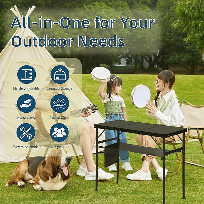 LOFTEY Folding Camping Table with 3 Adjustable Height, 3ft Foldable Aluminum Camp Table, Lightweight with Storage Bag, Portable for Outdoor, BBQ, Hiking, 34.2" x 15.7" x 27.5", Black