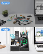 Wireless Charger with Desk Organizer, Pen Pencil Holder, Multifunctional Desktop Organizer, Office Supplies and Desk Accessories Organizer with 3 Compartments and 1 Phone Stand