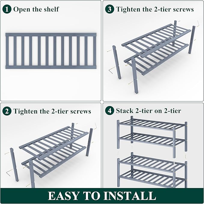 Smiry Bamboo Shoe Rack, 4 Tier Free Standing Wooden Shoe Organizer, Stackable Wood Shoe Storage Shelf for Closet, Entryway, 12 Vertical Slats, 2+2 Stack Standard Legs, 26.8"x11"x26", Grey