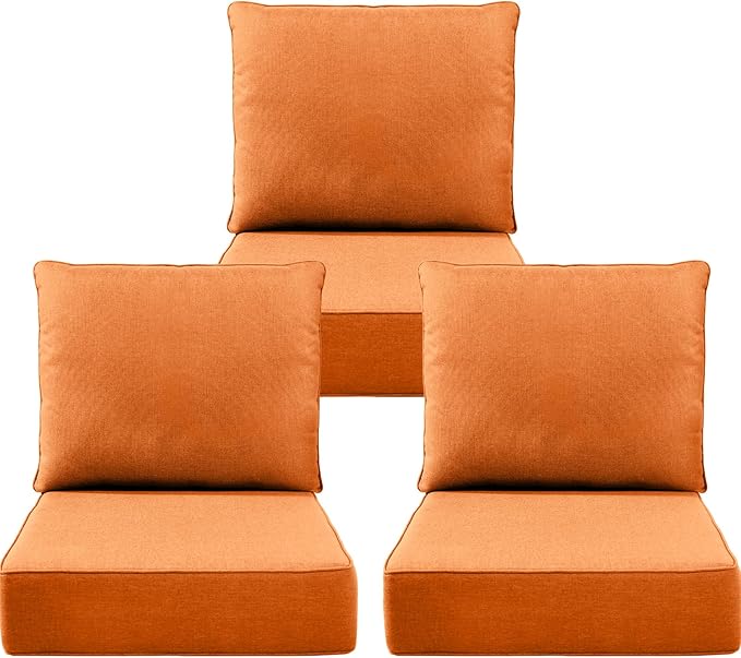 Luxury 6" Outdoor Cushions for Patio Furniture, 24x24x6" Thick Seat Cushion Set of 3, Fade Resistant Couch Chair Replacement Cushions High Density Deep Wicker Chair Cushion w/ Removable Cover, Orange