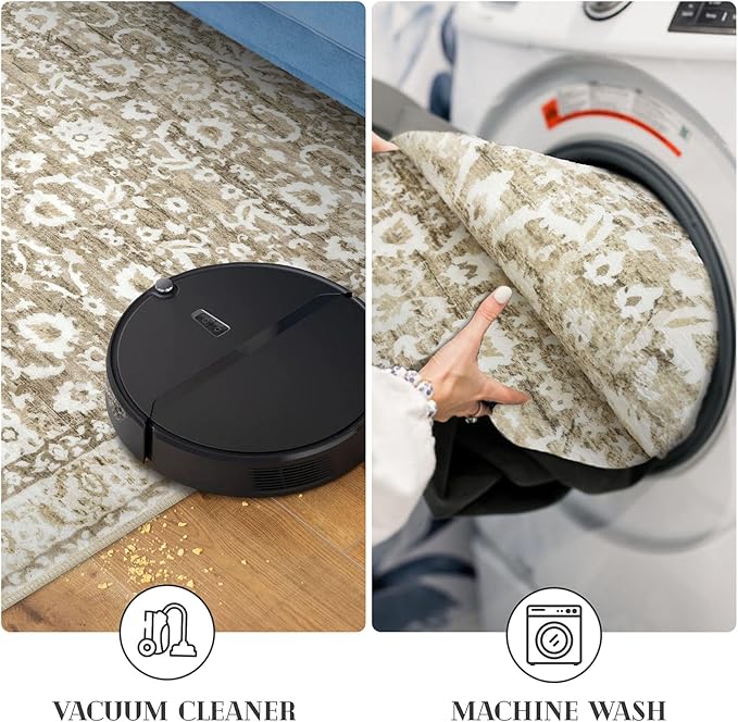 Runner Rug 2x10, Beige Tan White Washable Long Hallway Rug Runner Non-Slip Soft Kitchen Runner Thin Printed Faux Wool Super Soft Carpet for Entryway Bedroom Laundry Room Indoor Home Decor