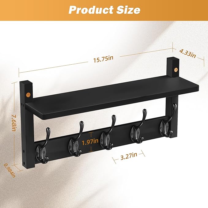 VASMIA Coat Rack Wall Mount with Shelf,Bamboo Wall Shelf with Hooks,Coat Hangers for Entryway,Bathroom, Living Room, Bedroom, Black