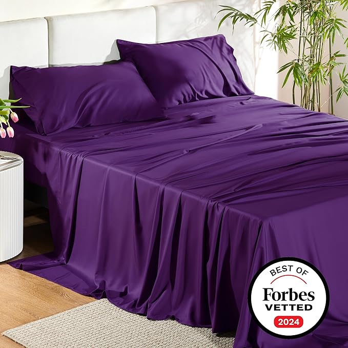 Bedsure King Size Sheets Set, Cooling Sheets for Hot Sleepers, Rayon Derived from Bamboo, Breathable & Soft, Deep Pocket Up to 16 Inches, Hotel Luxury Silky Bedding, Plum