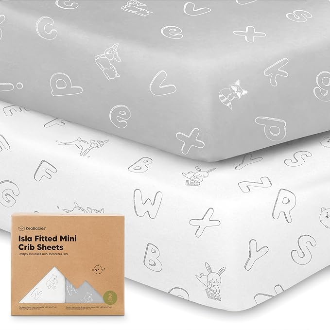 Pack and Play Sheets Fitted - 2-Pack Mini Crib Sheets for Pack N Play Mattress 38x26, Soft & Cozy, Neutral Toddler Playard Bedding, Snug Fitted Mini Baby Crib Mattress Cover Boy, Girl (ABC Land)