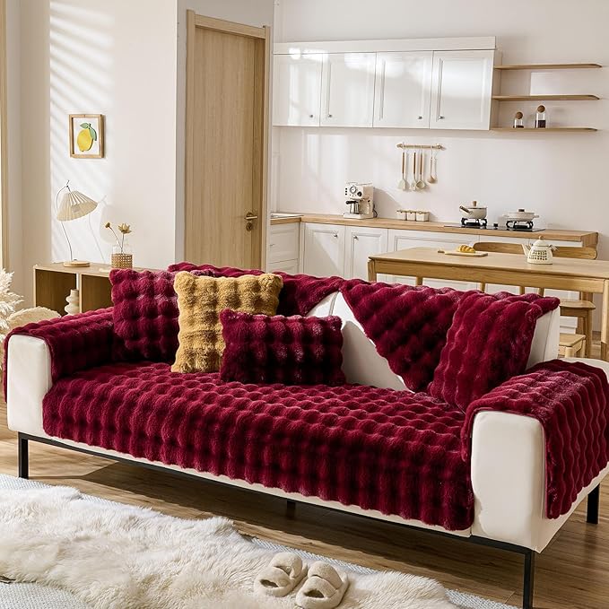 Christmas Faux Fur Couch Cover Fuzzy Soft Plush Thick Bubble Sofa Cover Luxury Sectional Couch Covers Luxury Anti-Slip Sofa Slipcover Washable Furniture Protector (Wine Red,28"x59")