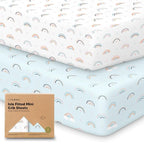 Pack and Play Sheets Fitted - 2-Pack Mini Crib Sheets for Pack N Play Mattress 38x26, Soft & Cozy, Neutral Toddler Playard Bedding, Snug Fitted Mini Baby Crib Mattress Cover Boy, Girl (Jolly Rainbow)