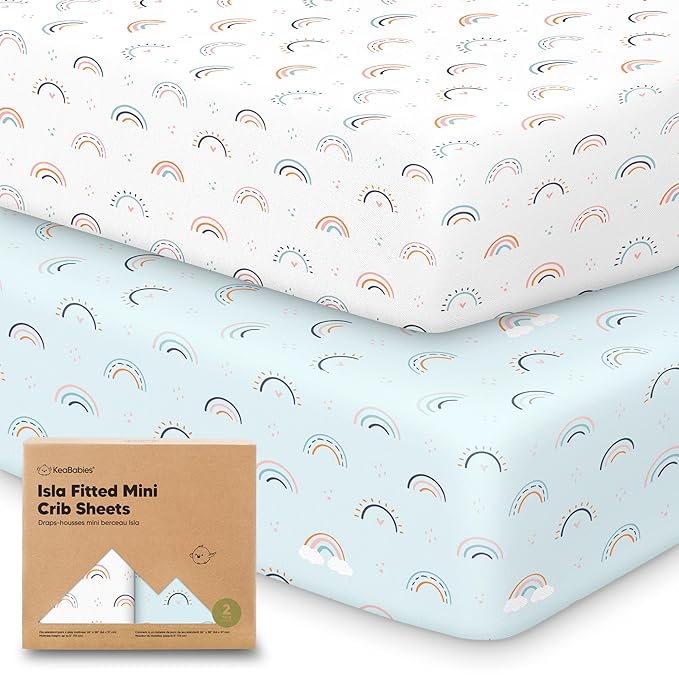 Pack and Play Sheets Fitted - 2-Pack Mini Crib Sheets for Pack N Play Mattress 38x26, Soft & Cozy, Neutral Toddler Playard Bedding, Snug Fitted Mini Baby Crib Mattress Cover Boy, Girl (Jolly Rainbow)