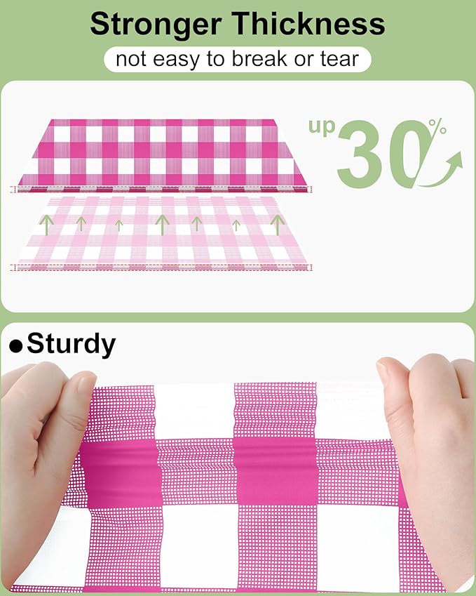 Smiry 8 Packs Gingham Disposable Table Cloth, 54 x 108 Inch Waterproof Plastic Tablecloth, Rectangle Hot Pink and White Checkered Table Covers for Party, Birthday, Picnic, Banquet