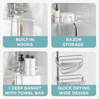 Zenna Home Tension Pole Shower Caddy Corner Organizer, Adjustable Standing Shower Caddy with 4 Baskets and Built in Towel Bar, Rust Resistant Bathroom Tension Rod Organizer, 60 to 97 Inch, Chrome