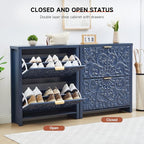 Shoe Cabinet with Flip Drawers, Narrow Shoe Storage Cabinet, 2-Tier Hidden Shoe Organizer with Carved Floral for Entryway, Mid-Century Modern Slim Shoes Storage for Hallway Foyer (1, Midnight Blue)