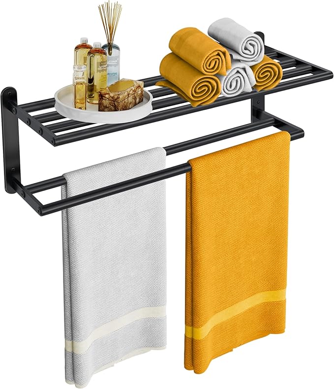 Double Towel Racks for Bathroom, Towel Shelf with Double Towel Bar 24 inch, Towel Rack with Shelf for Bathroom, Stainless Steel Towel Holder Wall Mounted, Towel Storage for Bathroom Lavatory Black