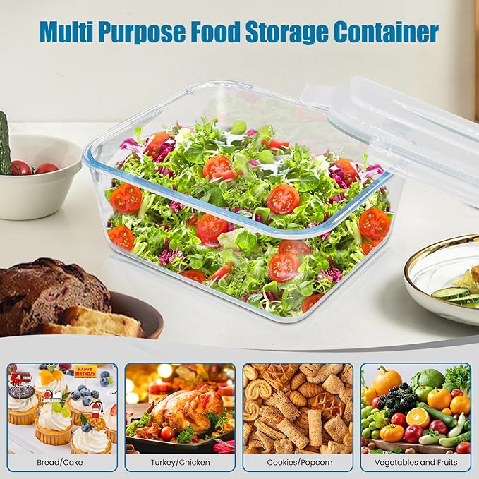 Large Glass Storage Containers with Lids 201oz Extra Large Big Airtight Glass Food Storage Containers for Rotisserie Chicken Watermelon Leftovers Marinade Turkey, BPA Free, Dishwasher Safe