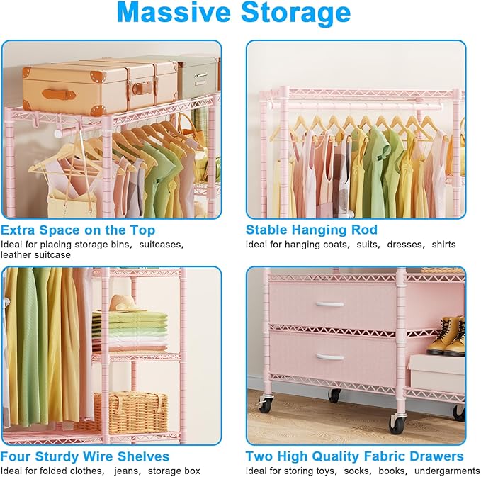 Ulif F3R Heavy Duty Clothes Rack（With Lockable Wheels）Freestanding Clothing Racks for Hanging Clothes，Adjustable Closet Organizer System，Portable Garment Rack 40"W x 15"D x 74"H，Max Load 700LBS，Pink