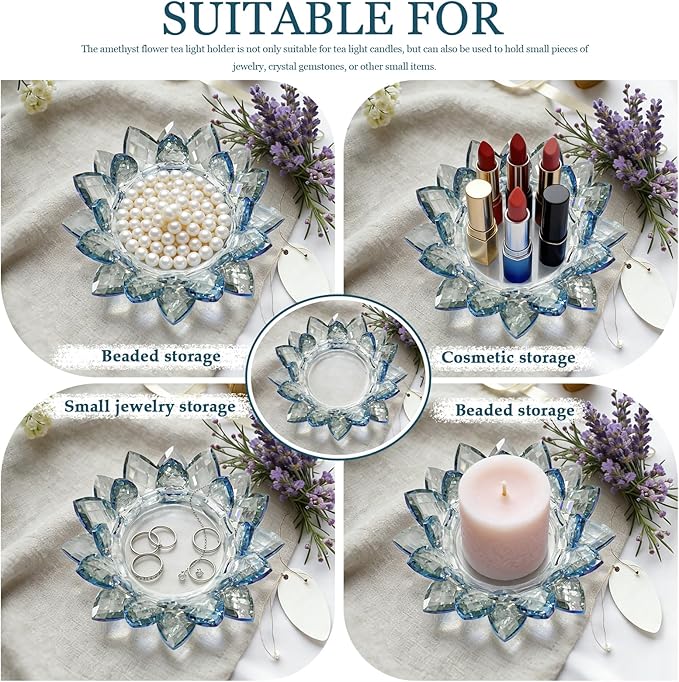 Crystal Flower Jewelry Tray, Transparent Decorative Trinket Dish for Rings, Earrings, Necklaces, Keys for Vanity Dresser Nightstand, Elegant Gift for Women Mother's Day (2, 6.3"(W) - Blue)