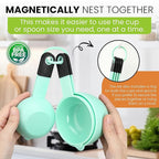 Spring Chef Mint Magnetic Measuring Cups and Spoons Set of 9, Stackable Plastic Kitchen Tool with Easy to Read Markings - Measure Dry or Liquid Ingredient for Baking & Cooking, BPA Free