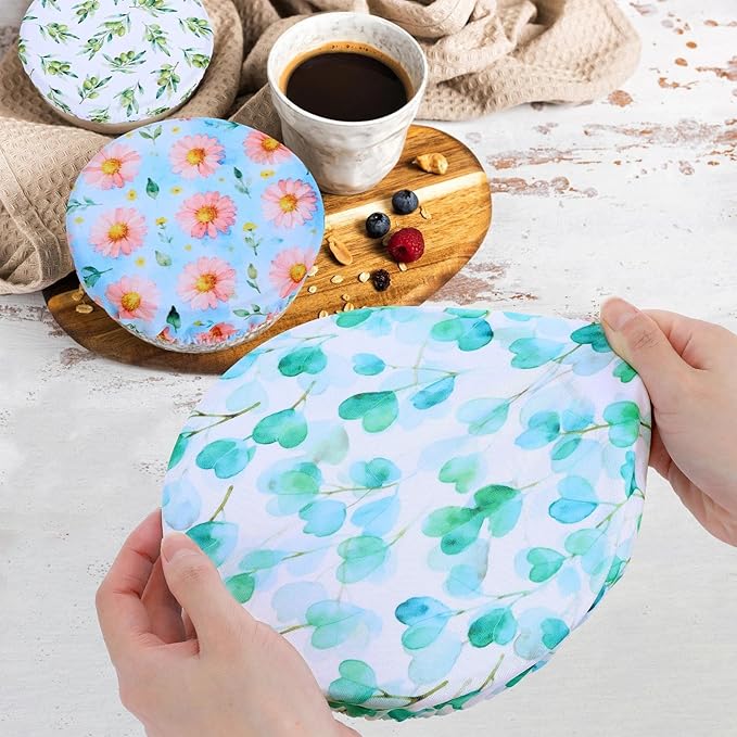 5 Pieces Bowl Covers Reusable, 5 Size Elastic Cloth Bowl Covers for Bread Proofing Stretch Food Covers Washable for Food Fruits Leftover (Pink Floral Eucalyptus leaves)