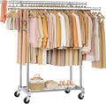 FAVOOSTY Clothes Rack for Hanging Clothes Double Rods, Rolling & Extending Clothing Rack with Wheels, Garment Coat Rack Freestanding, Portable Clothes Rack, Sliver