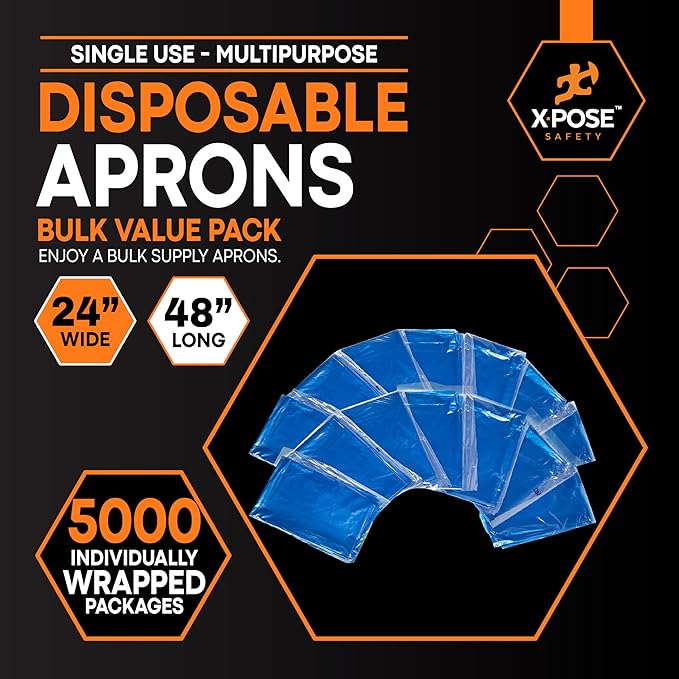 Xpose Safety 5000 Blue Plastic Disposable Aprons for Cooking & more Individually Packaged, Durable 1 Mil Waterproof Polyethylene 24" x 48"