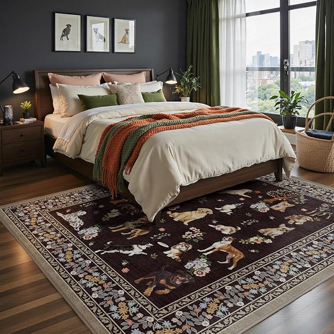 Black Dogs Area Rugs 9x12 Living Room Washable Rug Non Slip Floral Low Pile Large Rug for Living Room, Bedroom, Farmhouse, Dining Room, Kids Playroom