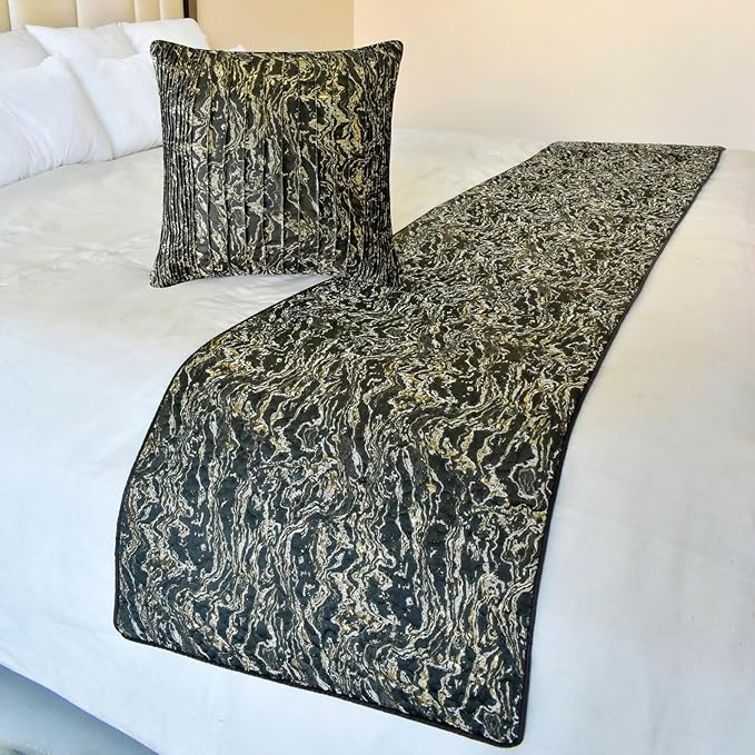 The HomeCentric King/Queen/Twin Black Decorative Bed Runner Twin 53"x18" Bed Runner Without Pillow Cover, Marble Pattern, Pintucks, Quilted Bed Scarf on Jacquard Fabric - Stellaris
