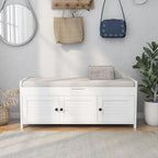 SOFTSEA Upholstered Storage Ottoman with Removable Cushion, Wooden Entryway Bench with 3 Shutter-Shaped Doors and Hidden Storage Space, Shoe Bech for Entreyway, Living Room, White with Beige Cushion