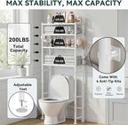 GloTika 4-Tier Over The Toilet Storage, 200lb Total Capacity Metal Bathroom Organizer with 36" Clearance, Includes Paper Holder & 4 Hooks, Space Saving Rack for Bathroom Laundry Room (64" H, White)