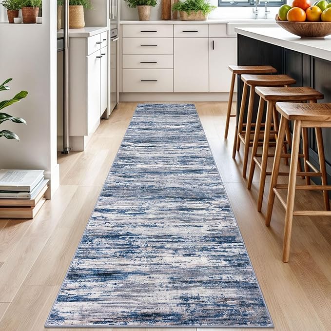 2.6x10 Modern Abstract Runner Rug for Hallways, Navy Blue Gray Neutral Multi Super Soft Hallway Decor Kitchen Rugs with Non-Slip, Non-Shedding Washable Rug for Entryway Bedroom Indoor