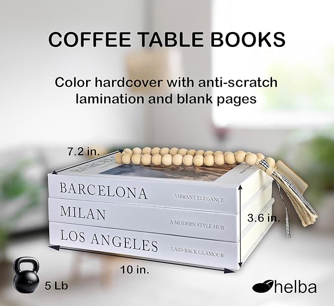 Decorative Coffee Table Book Set – 3 Neutral Hardcover Books with Blank Pages for Home Styling – Travel-Inspired Display Featuring Barcelona, Milan & Los Angeles
